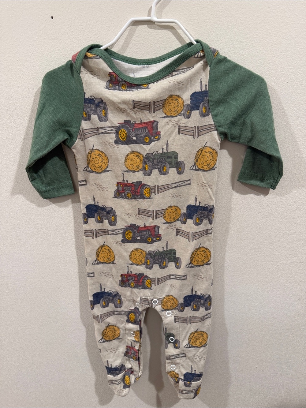 Jane Marie Green Sleeve Tractor-Print Baby bamboo Footed Romper